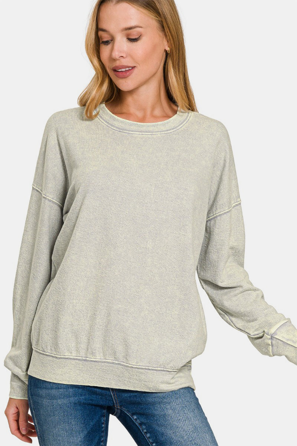 Zenana Light Gray Washed Round Neck Dropped Shoulder Sweatshirt Shirts & Tops