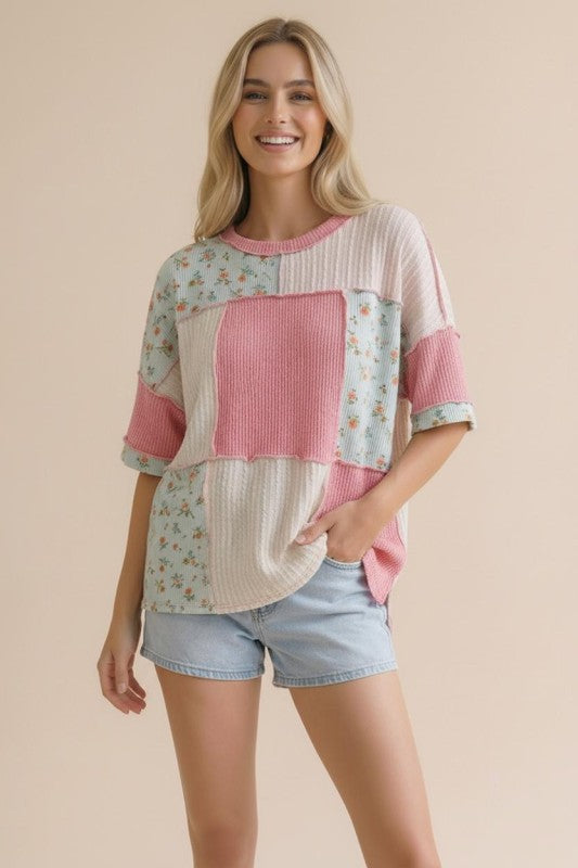 Haptics Patchwork Floral Ruffle Top in Pink and Blue – Ruby Idol