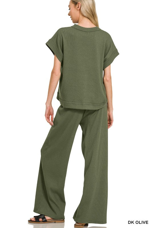 Zenana Black Ribbed Short Sleeve Tee and Pants Set