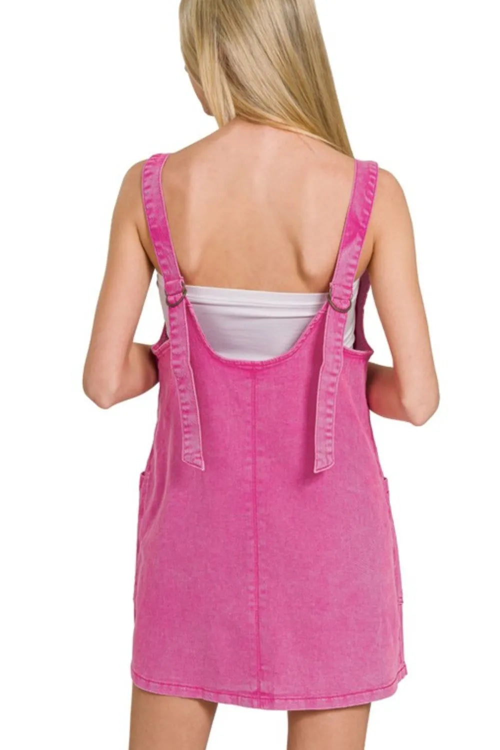 Zenana Hot Pink Washed Adjustable Strap Denim Overall Dress