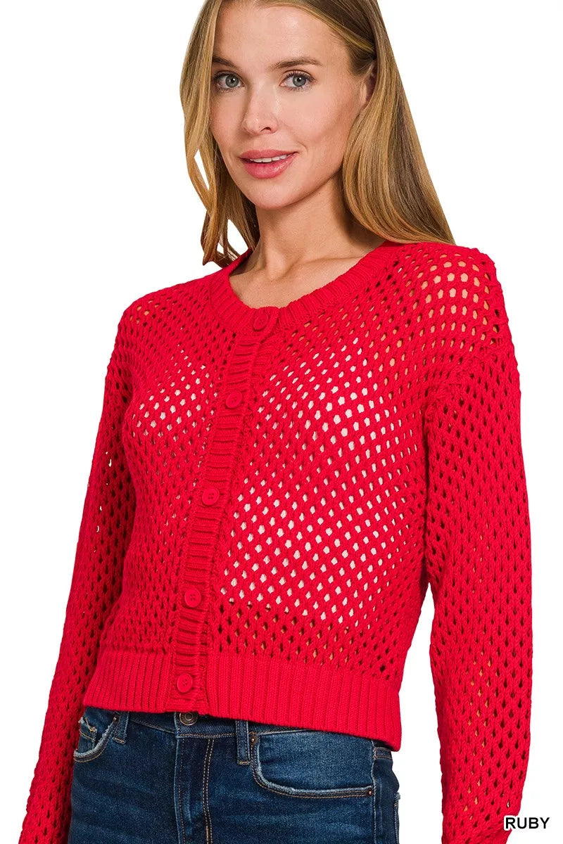 Zenana Ruby Button Down Lightweight Crochet Cardigan Sweater