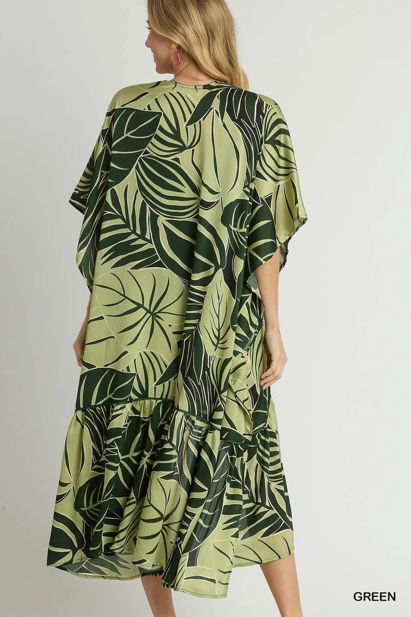 Umgee Green Satin Tropical Plant Print Open Front Kimono with Ruffle Details