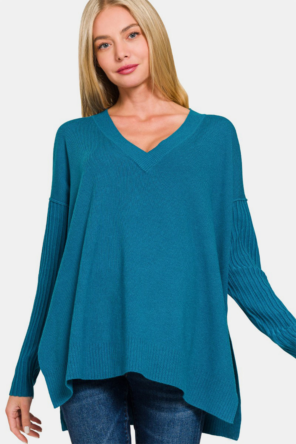 Zenana Heather Ocean Teal Viscose Hem & Sleeve V-Neck Side Slit High-Low Sweater Trendsi