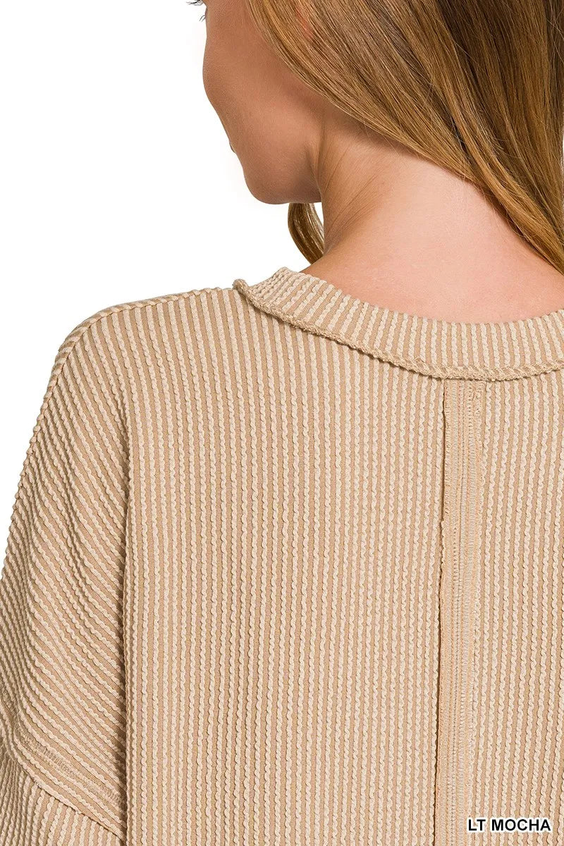 Zenana Light Mocha Long Sleeve Drop Shoulder Rib Top