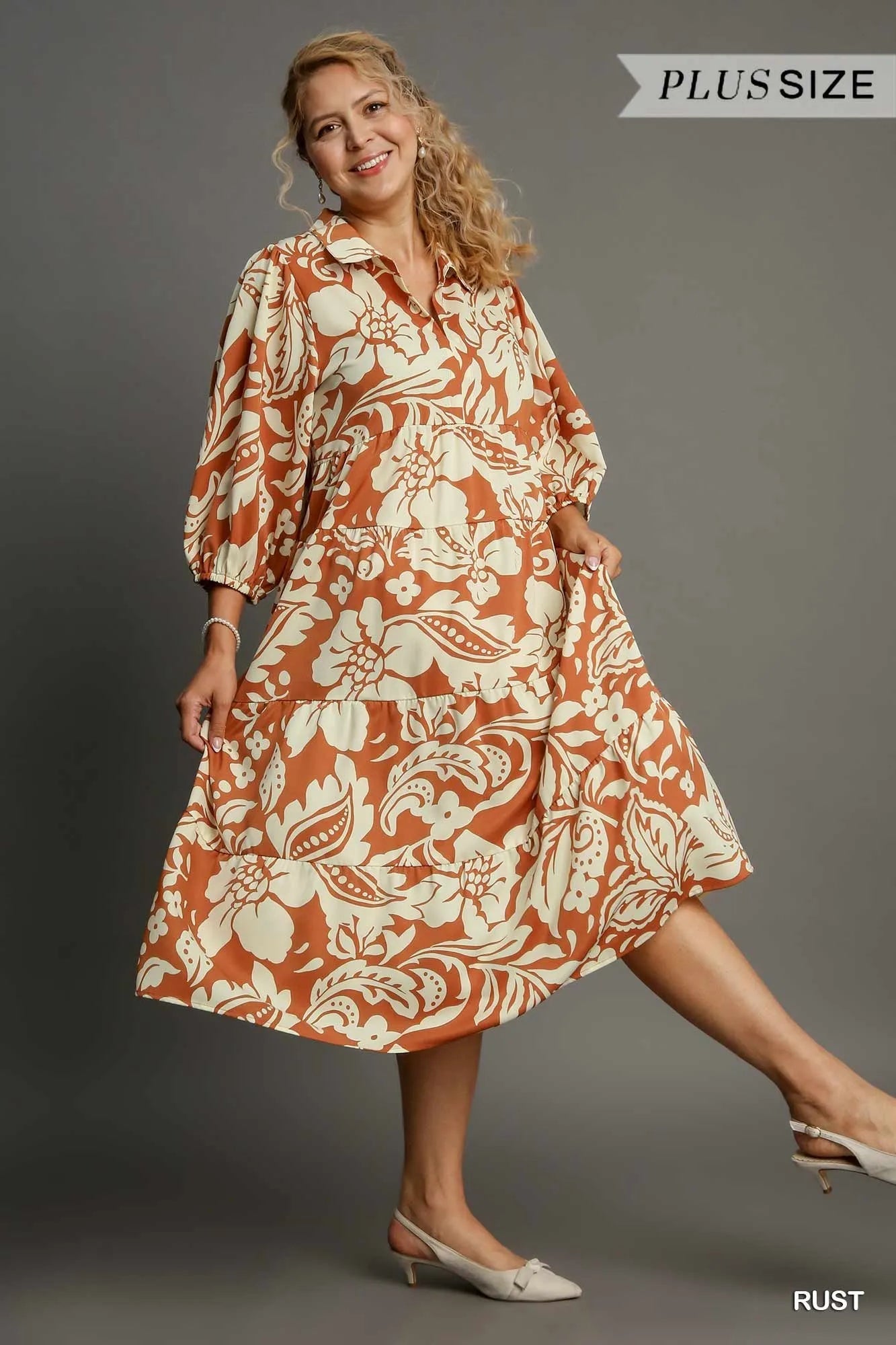 Umgee Rust Floral Tiered Midi Dress