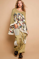 POL Moss Green Bohemian Geometric Print Long Sleeve Top with Lace Trim