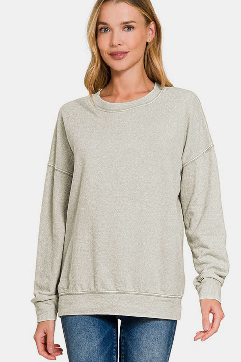 Zenana Light Gray Washed Round Neck Dropped Shoulder Sweatshirt Lt Grey Shirts & Tops