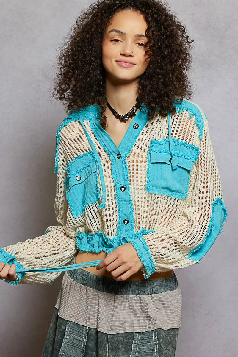 POL Aqua Blue Texture Woven Button Down Hooded Shirt with Drawstring Hem