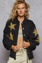 POL Black Star Patch Raw Hem Button Up Twill Denim Ballon Sleeve Jacket Black