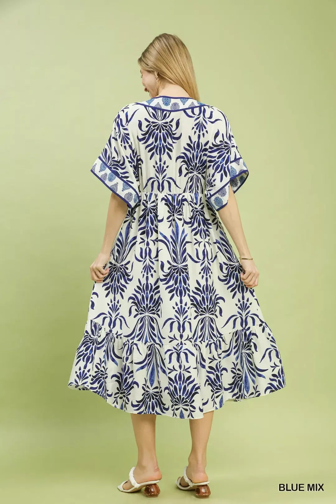Umgee Blue Mix Floral Border Midi Dress with Pockets
