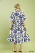 Umgee Blue Mix Floral Border Midi Dress with Pockets