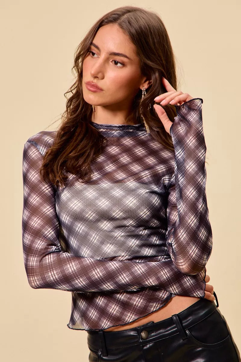 SO ME Plaid Mesh Knit Long Sleeve Top with Thumb Opening