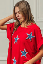 BiBi Red Beaded Stars Appliques Fourth Of July Terry T-Shirt