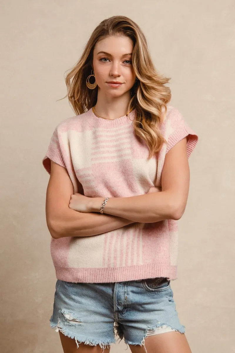 BiBi Blush & Ivory Checker With Stripes Pattern Sleeveless Sweater