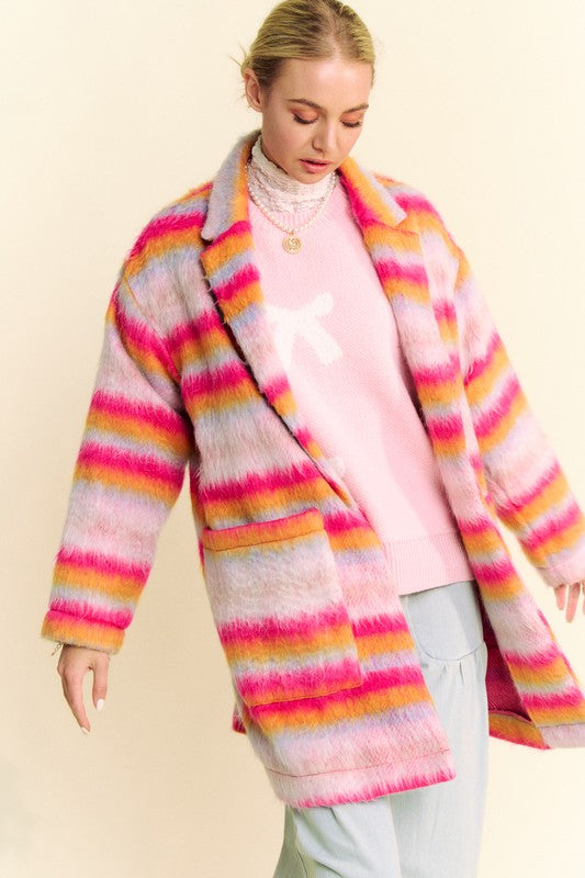 Davi & Dani Fuzzy Pink & Orange Contrast Striped Open Front Coat Coats & Jackets