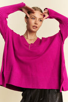 Davi & Dani Cerise Ribbed Side Slit V-Neck Sweater Shirts & Tops