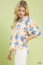 Umgee Blue Mixed Floral Print Buttoned Blouse