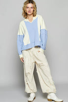 POL Cream Multi Color Block Waffle Knit Raw Hem Sweatshirt