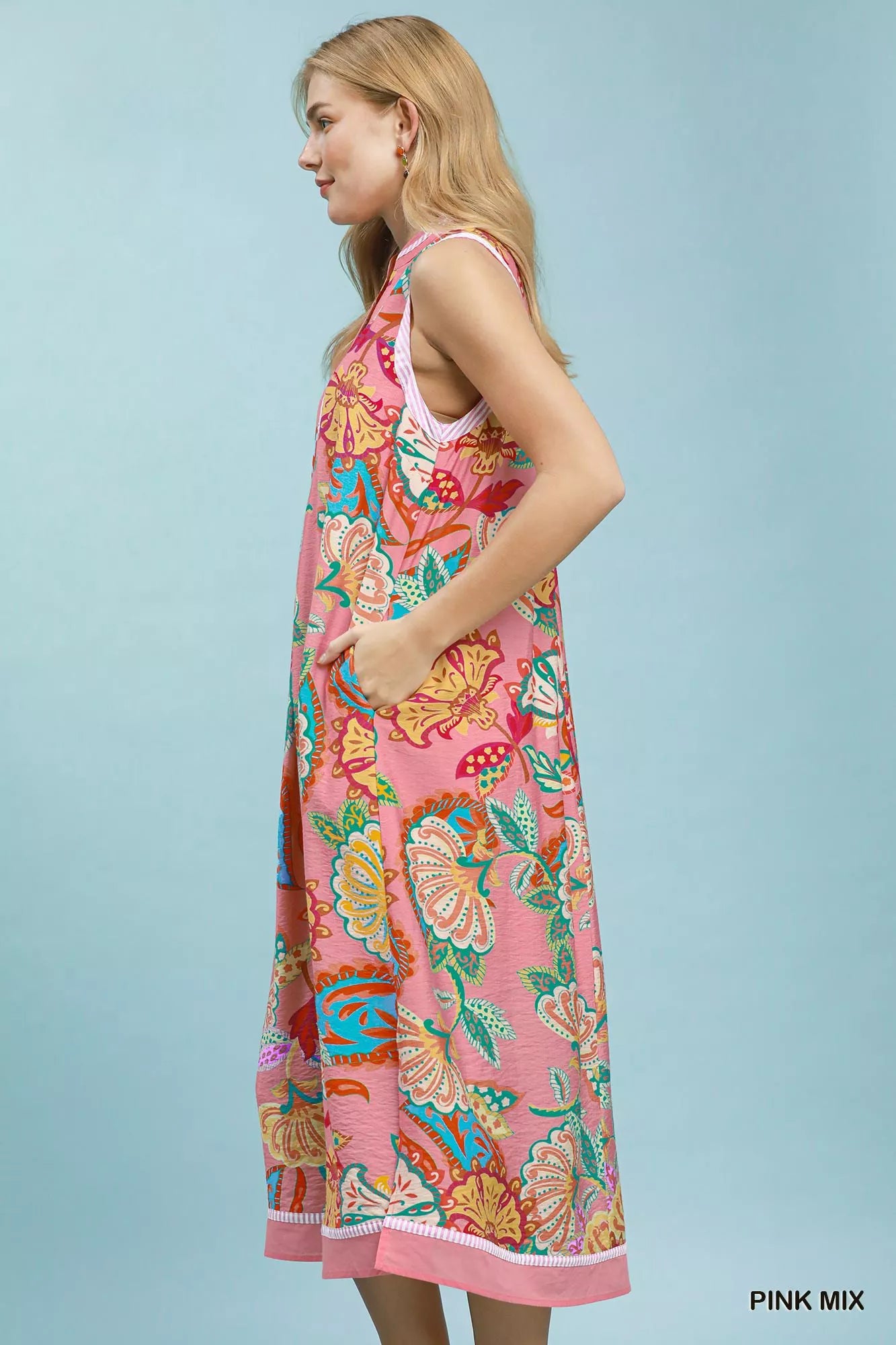 Umgee Pink Mix Paisley Floral Sleeveless Midi Dress