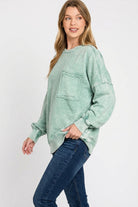 Zenana Dark Green Halo Washed French Terry Exposed-seam Sweatshirt
