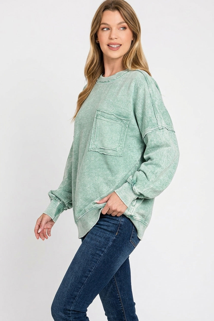 Zenana Dark Green Halo Washed French Terry Exposed-seam Sweatshirt