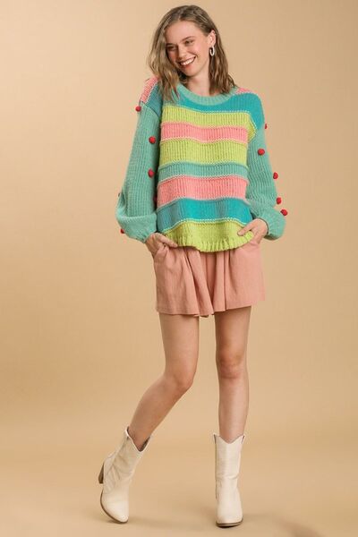 Umgee Color Block Cable Knit Sweater with Pom Pom