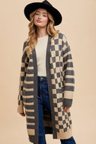 Annie Wear Dark Gray Checkered & Striped Open Front Long Sleeve Cardigan Dark Gray