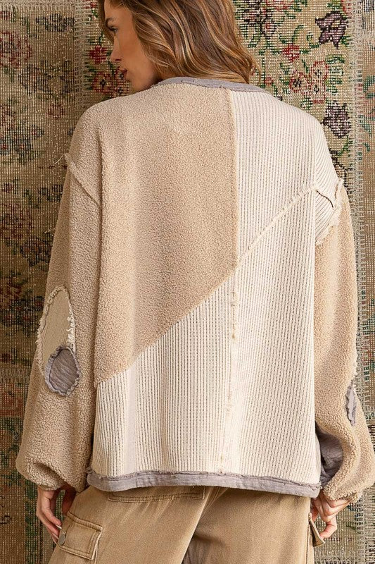 POL Color Block Half Zip Dropped Shoulder Sweatshirt in Beige Shirts & Tops