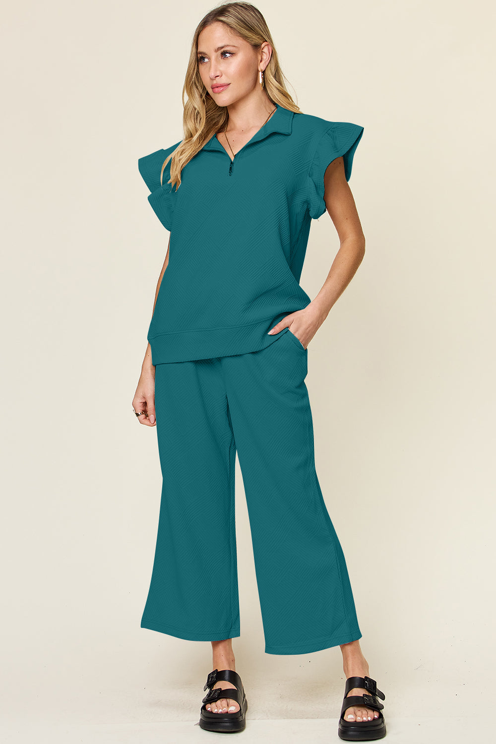 Double Take Quilted Textured Ruffle Short Sleeve Top and Drawstring Wide Leg Pants Set Deep Teal Trendsi