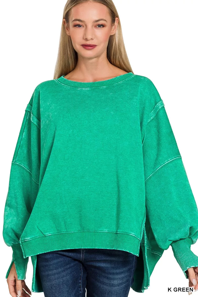 Zenana Kelly Green Acid Washed Batwing Sleeve Fleece Sweatshirt