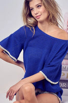 BiBi Royal Blue Popcorn Waffle Knit Top with Pompom Lace