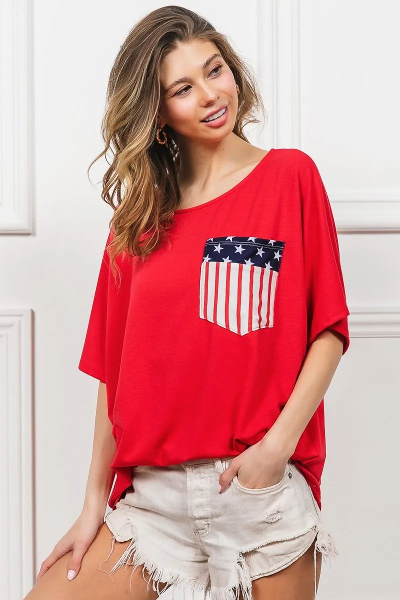 BiBi French Terry With Front Pocket Dolman Sleeves Top RED