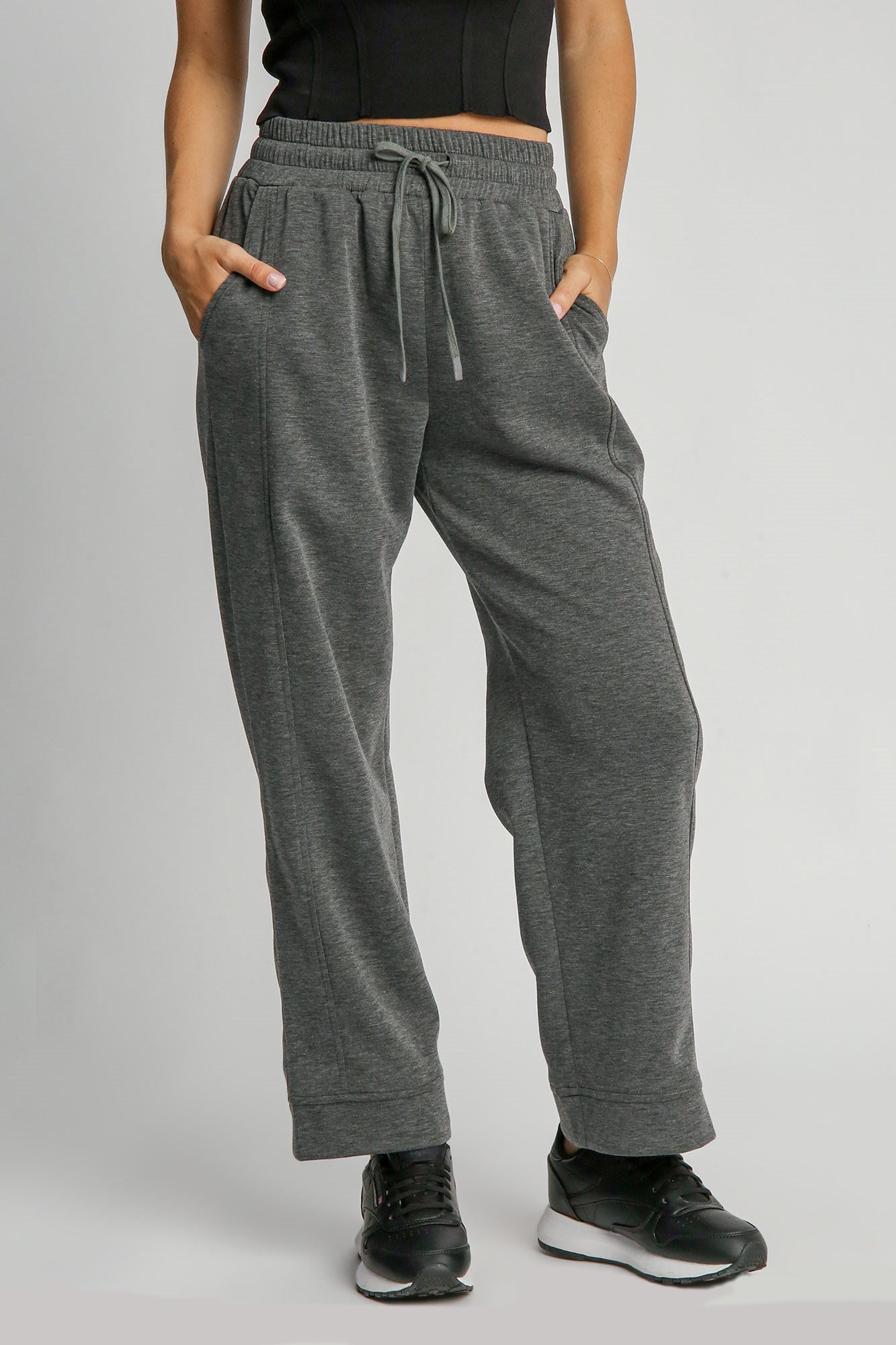 Umgee Dark Gray Drawstring Wide Leg Pants with Pockets Dark Gray Pants