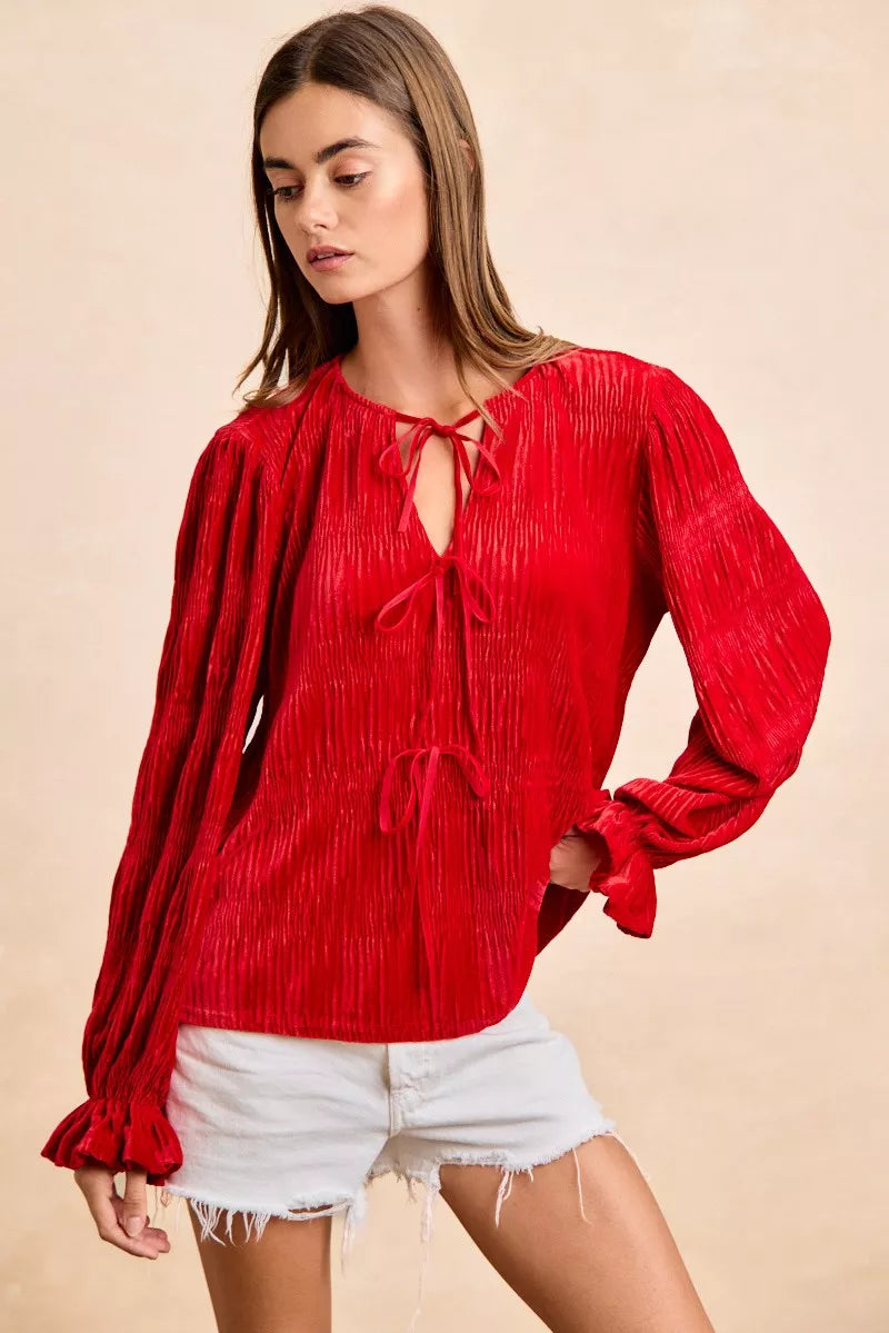 BiBi Red Christmas Theme Velvet Bow Tied Top With Neck Drop