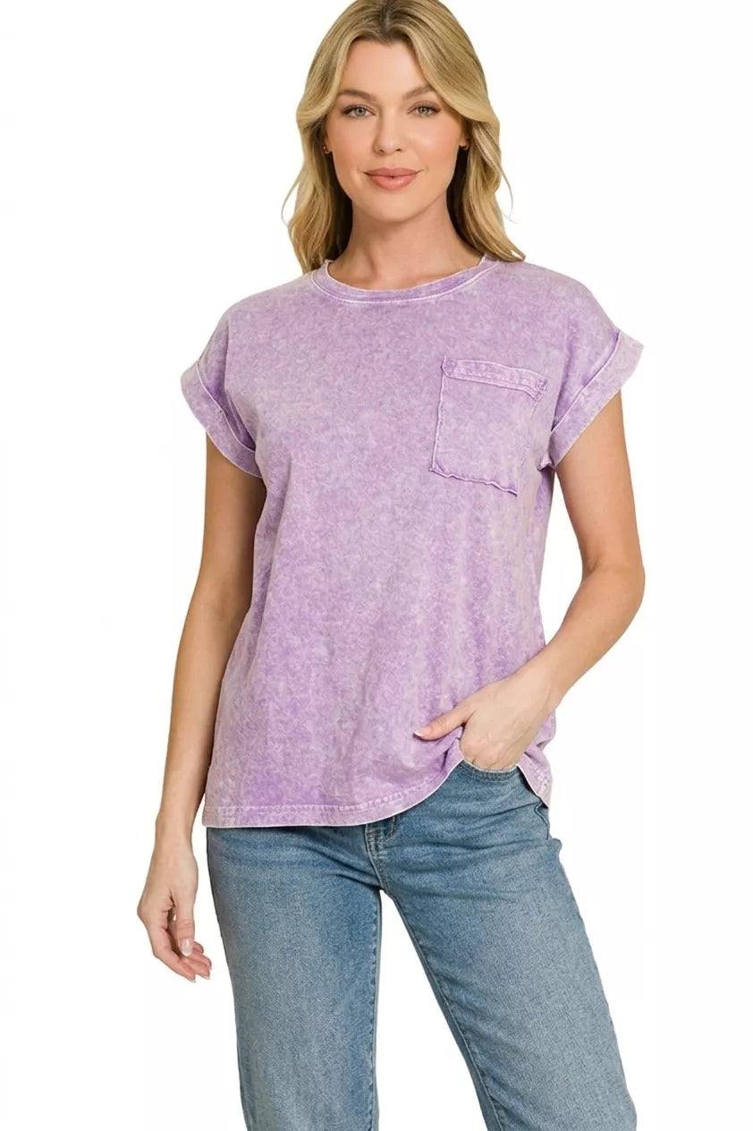 Zenana Violet Halo Snow Washed Cuffed Short Sleeve Tee