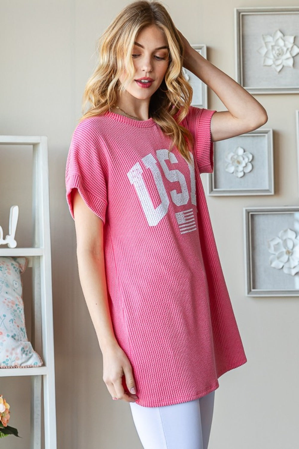 Heimish Coral USA Graphic Short Sleeve Ribbed Top Trendsi