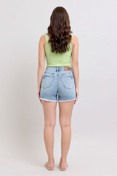 Judy Blue Light Washed Tummy Control Raw Hem Denim Shorts