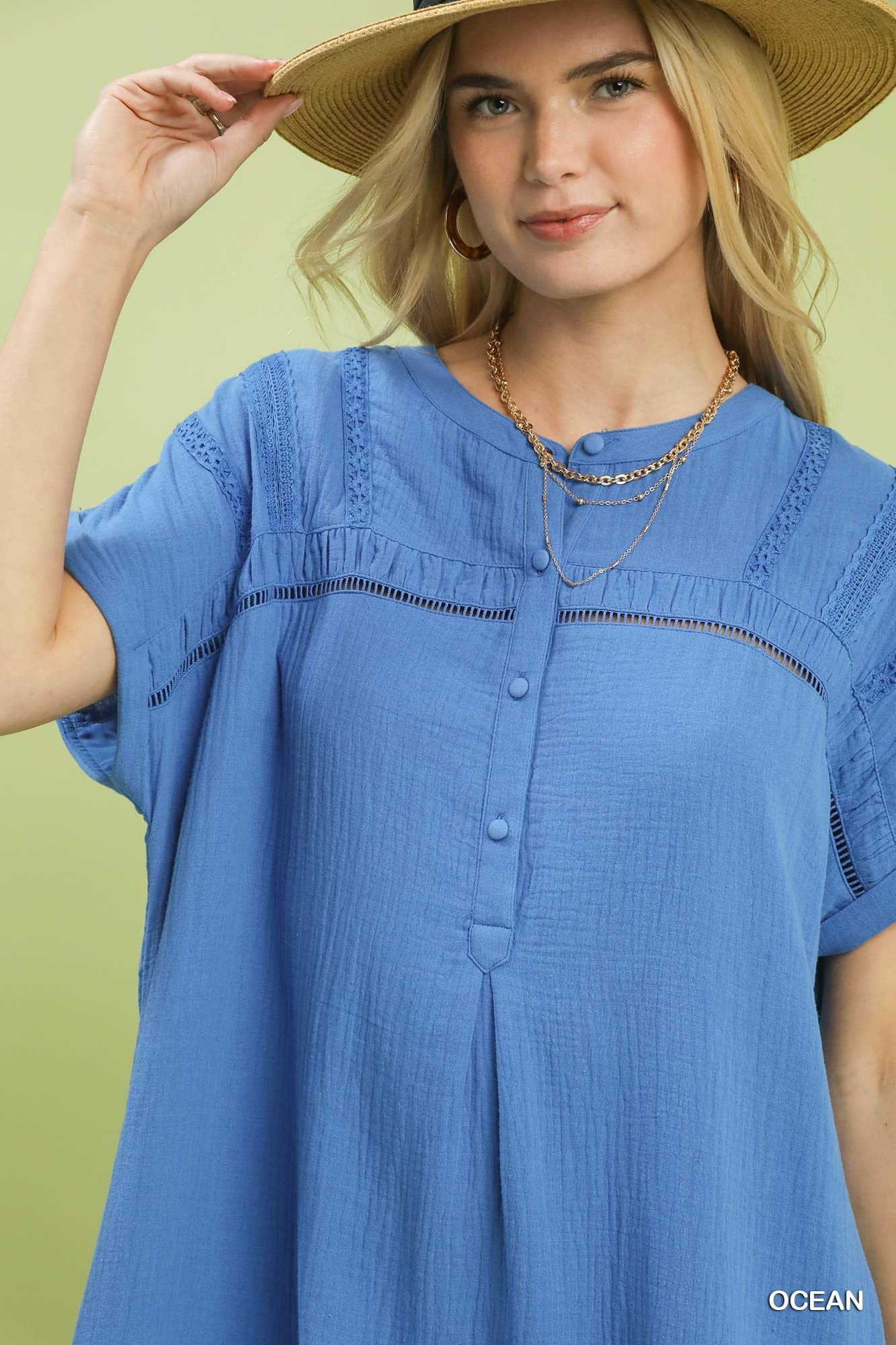 Umgee Ocean Button-Front Gauze Midi Dress with Lace Detail