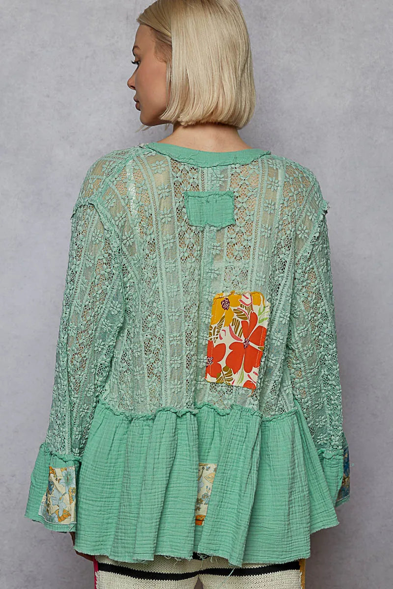 POL Mint Green Flare Sleeve with Lace & Ruffled Hem Open Front Cardigan