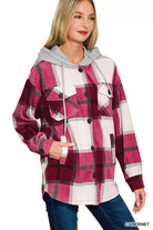Zenana Cabernet Plaid Drawstring Hooded Fleece Shacket