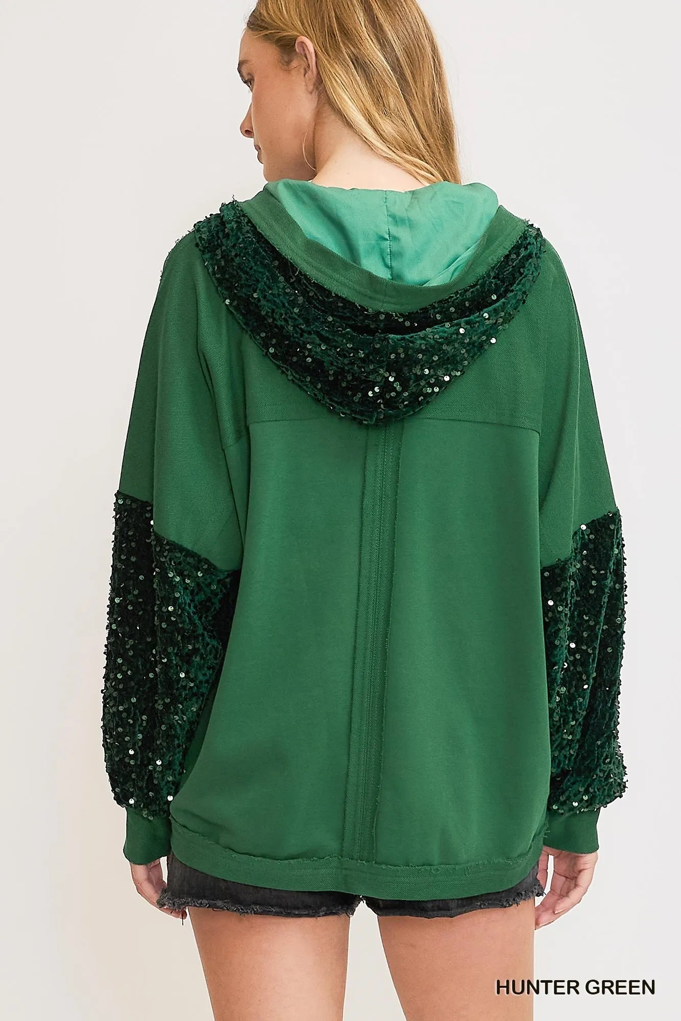 Umgee Hunter Green Sequined French Terry Hooded Jacket