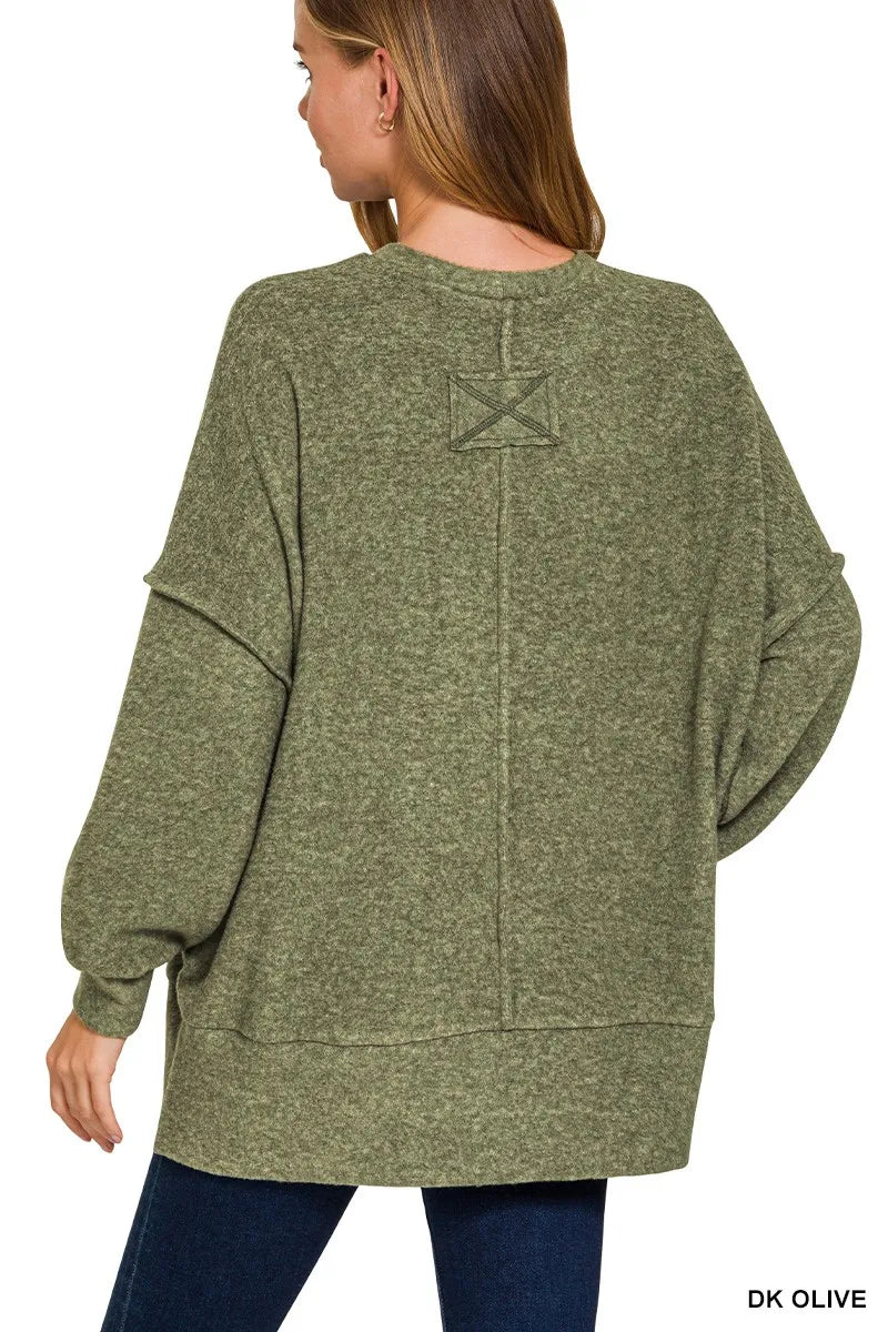 Zenana Dark Olive Brushed Melange Hacci Oversized Sweater