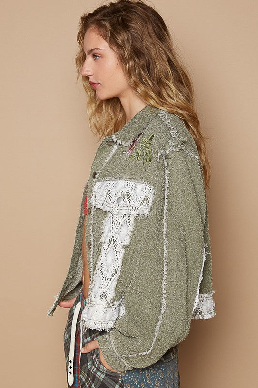 POL Olive Crochet Patch Embroidered Button Up Jacket Coats & Jackets