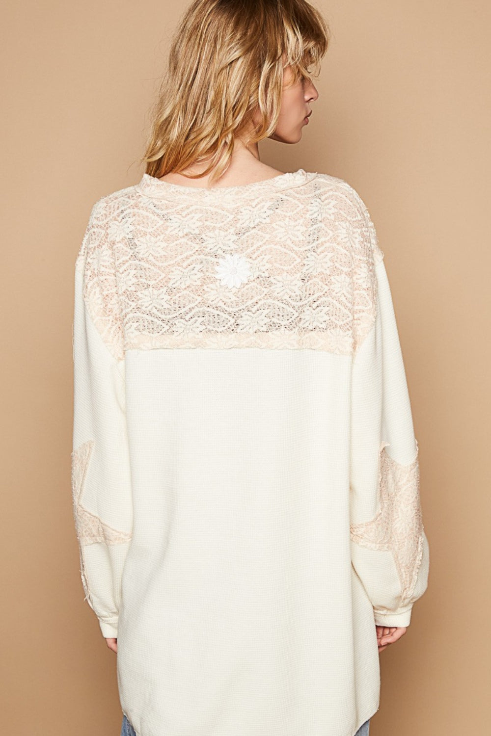 POL Round Neck Long Sleeve Crochet Patches Top Trendsi