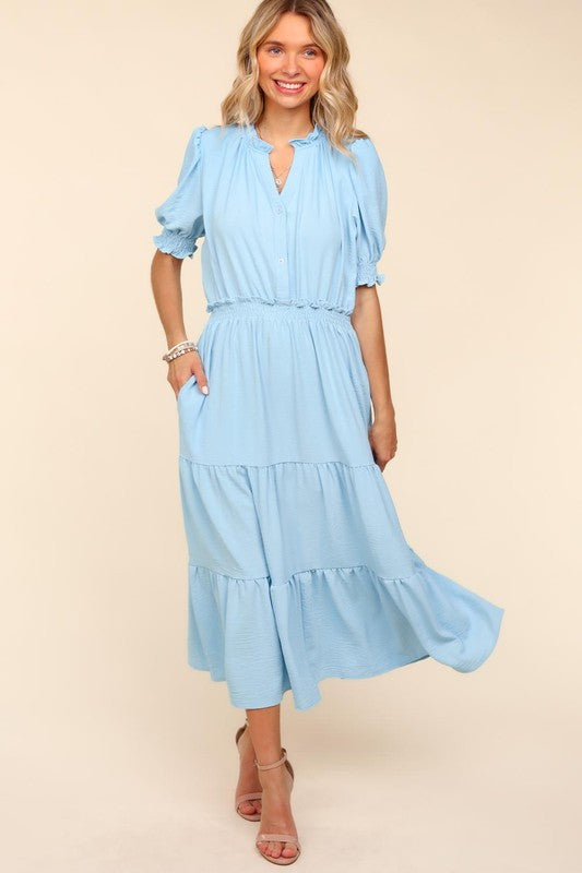 Haptics Sky Blue Frill Notch Neck Shirred Waist Tiered Maxi Dress Dresses