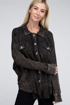 Zenana Ash Black Acid Wash Oversized Cotton Waffle Shacket Shirts & Tops