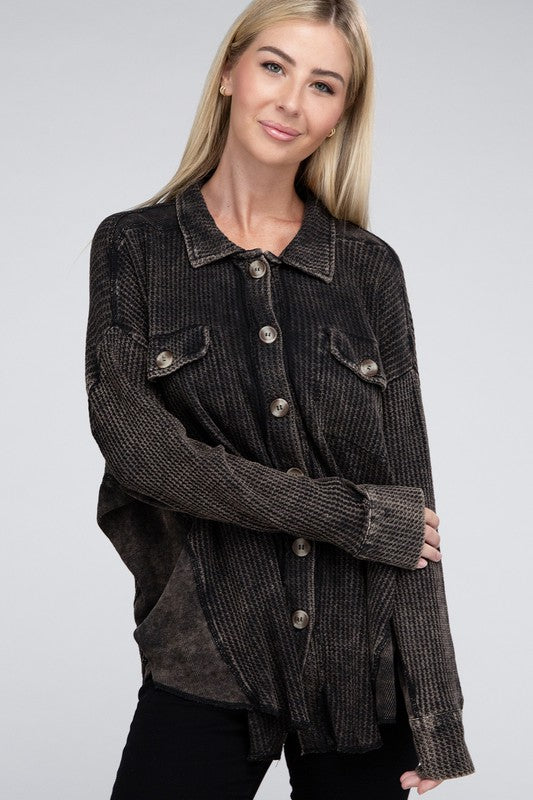 Zenana Ash Black Acid Wash Oversized Cotton Waffle Shacket ZENANA