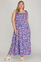 She + Sky Royal Blue Smocked Printed Wide Strap Tiered Dress