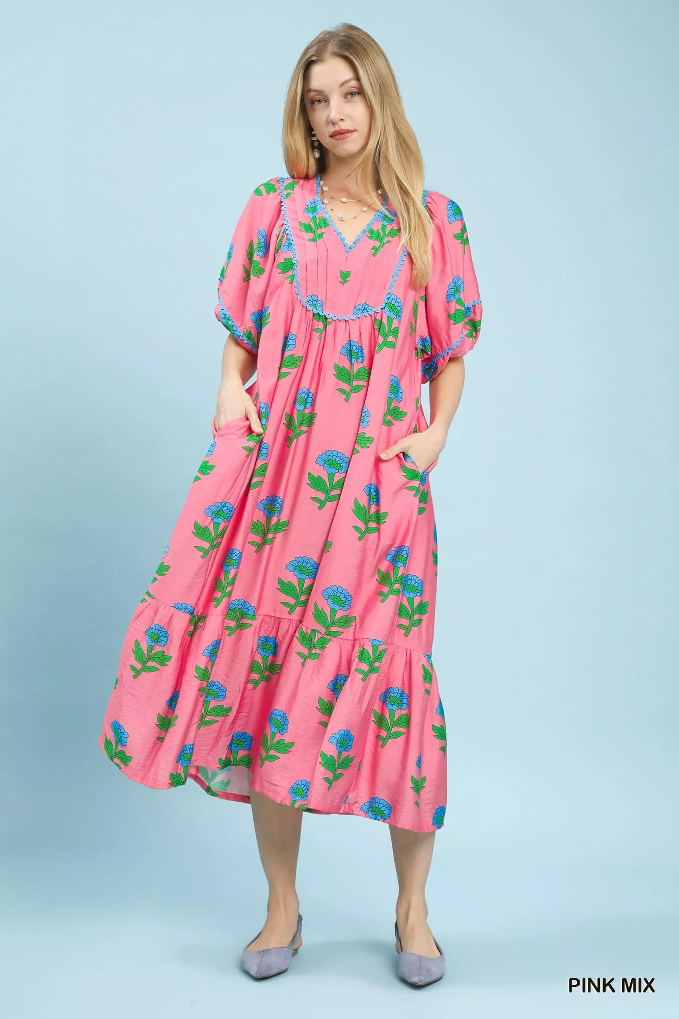 Umgee Pink Mix Floral Print Midi Dress