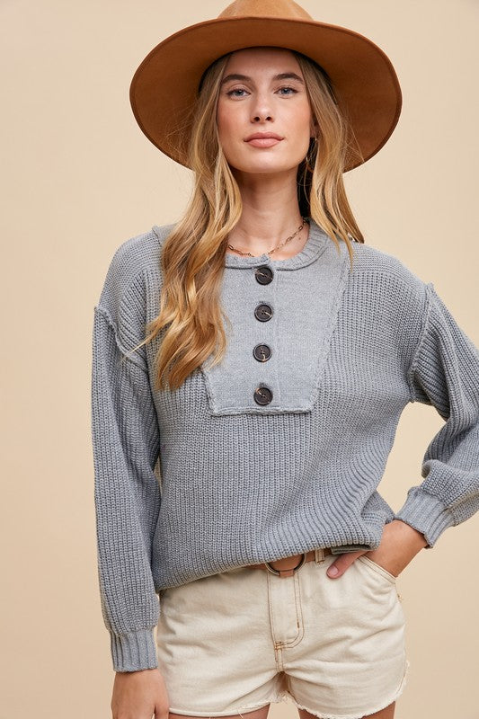 Annie Wear Gray Half Button Ribbed Hem Sweater